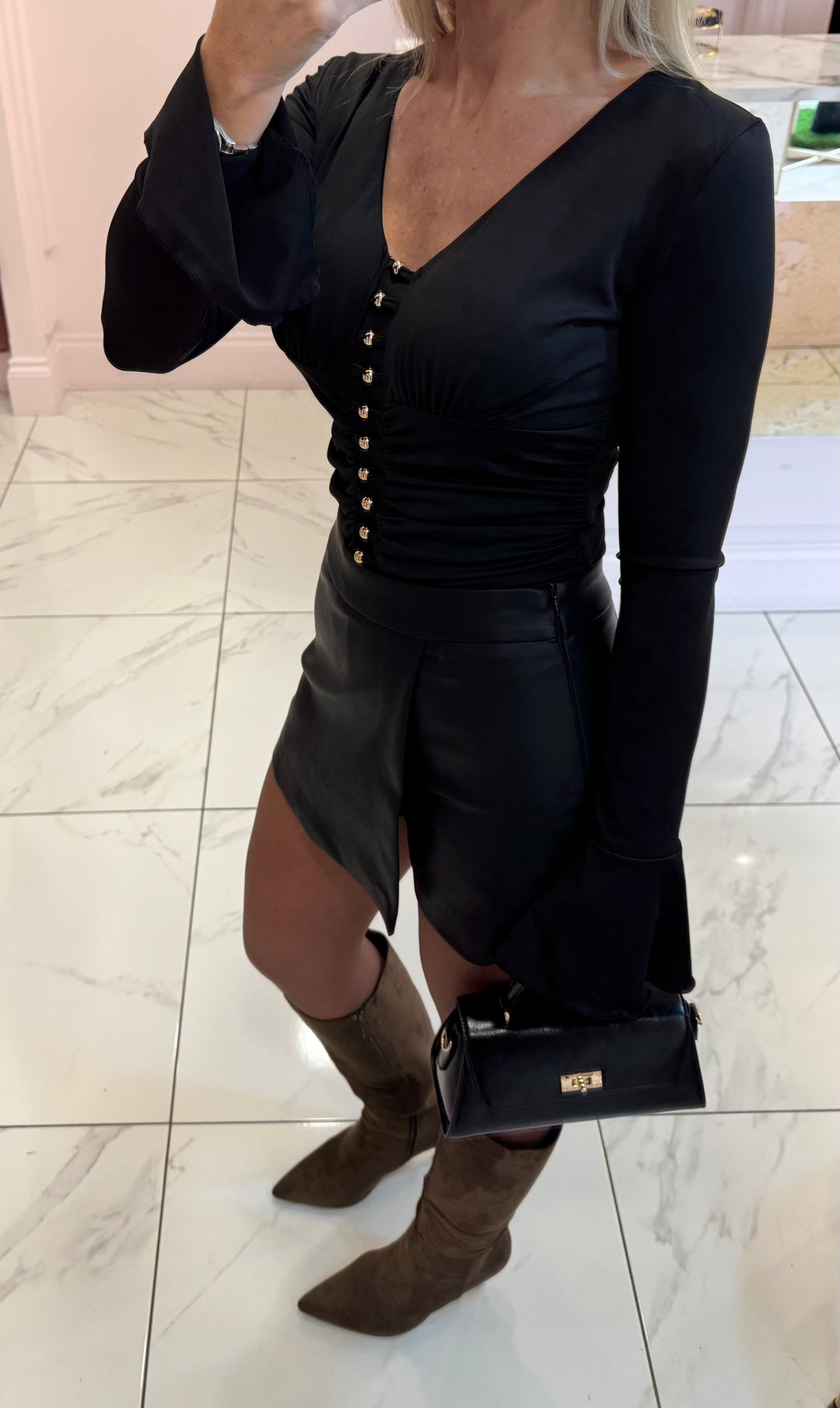 Kara Gold Bead & Fluted Sleeve Detail  Bodysuit