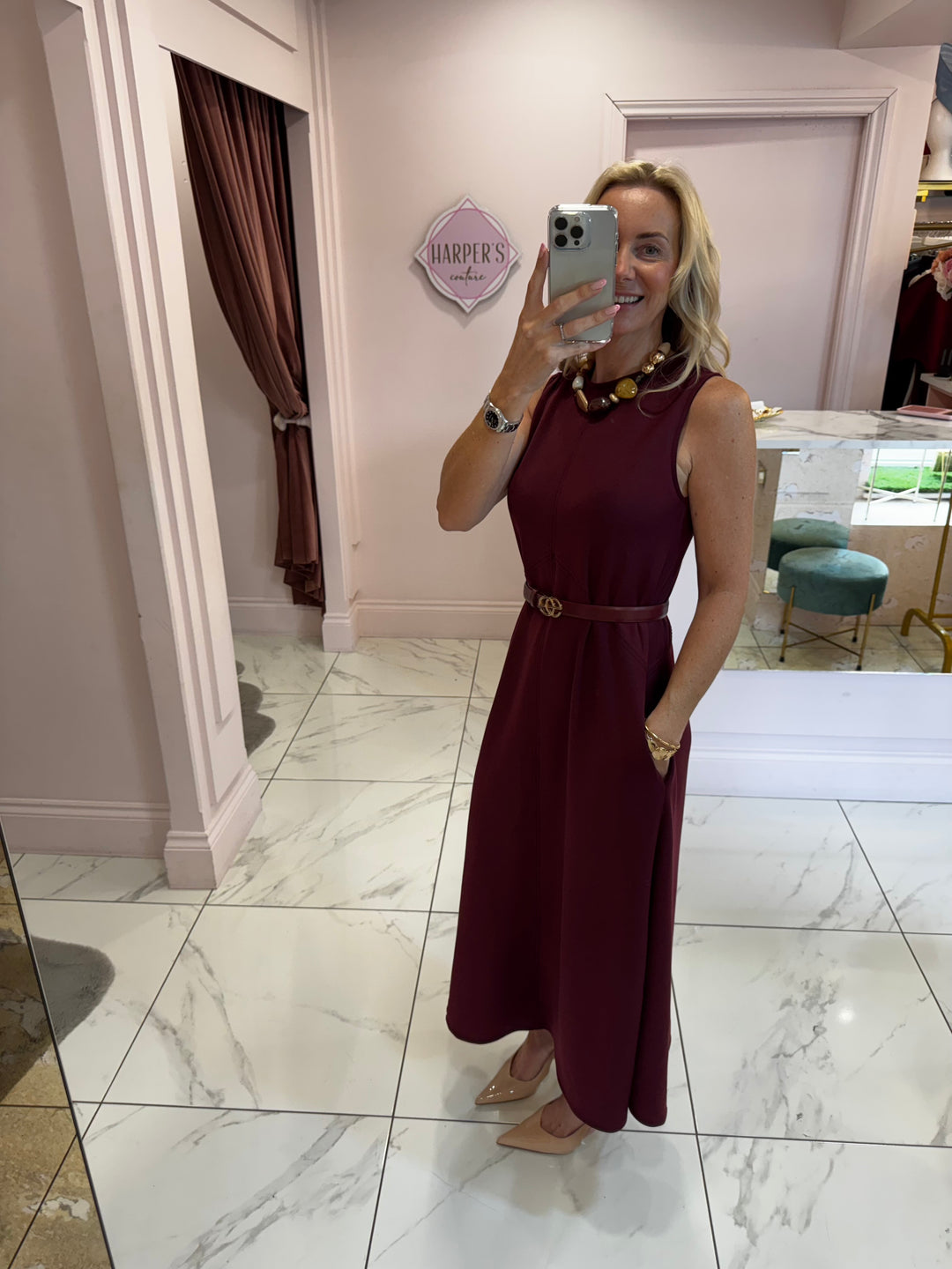 Natasha Burgundy Tailored Sleevless Midi Dress with Pockets
