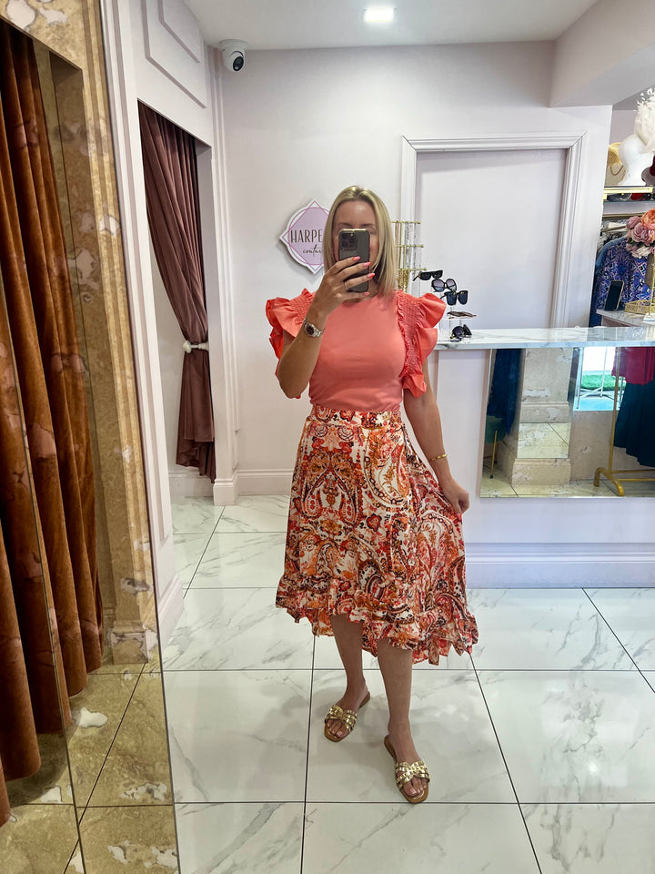 Carrie Anne High/Low Coral Print Skirt