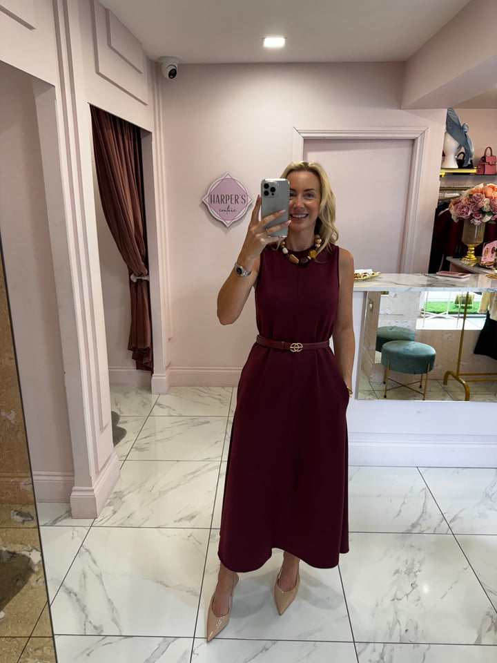 Natasha Burgundy Tailored Sleevless Midi Dress with Pockets
