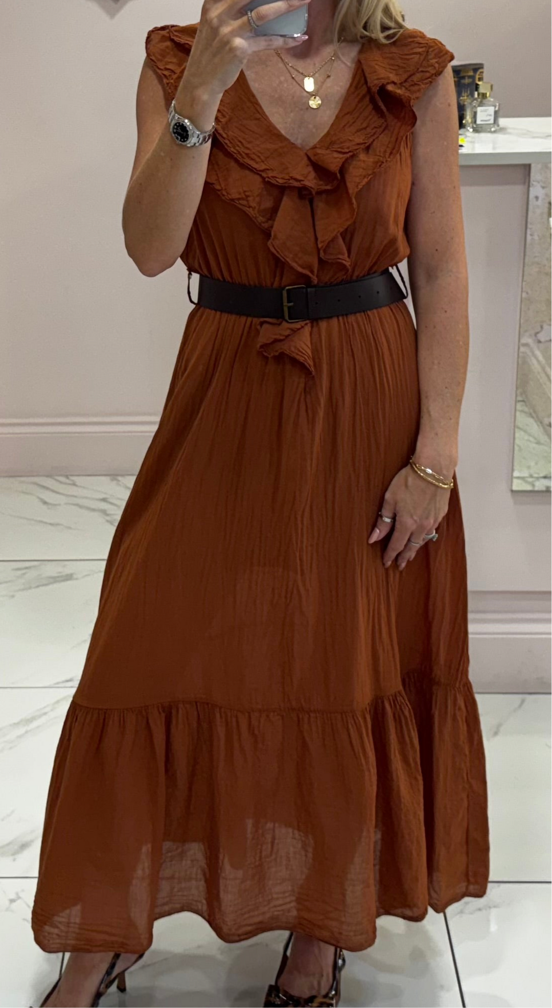 Estelle Rust Belted Ruffle Detail Dress