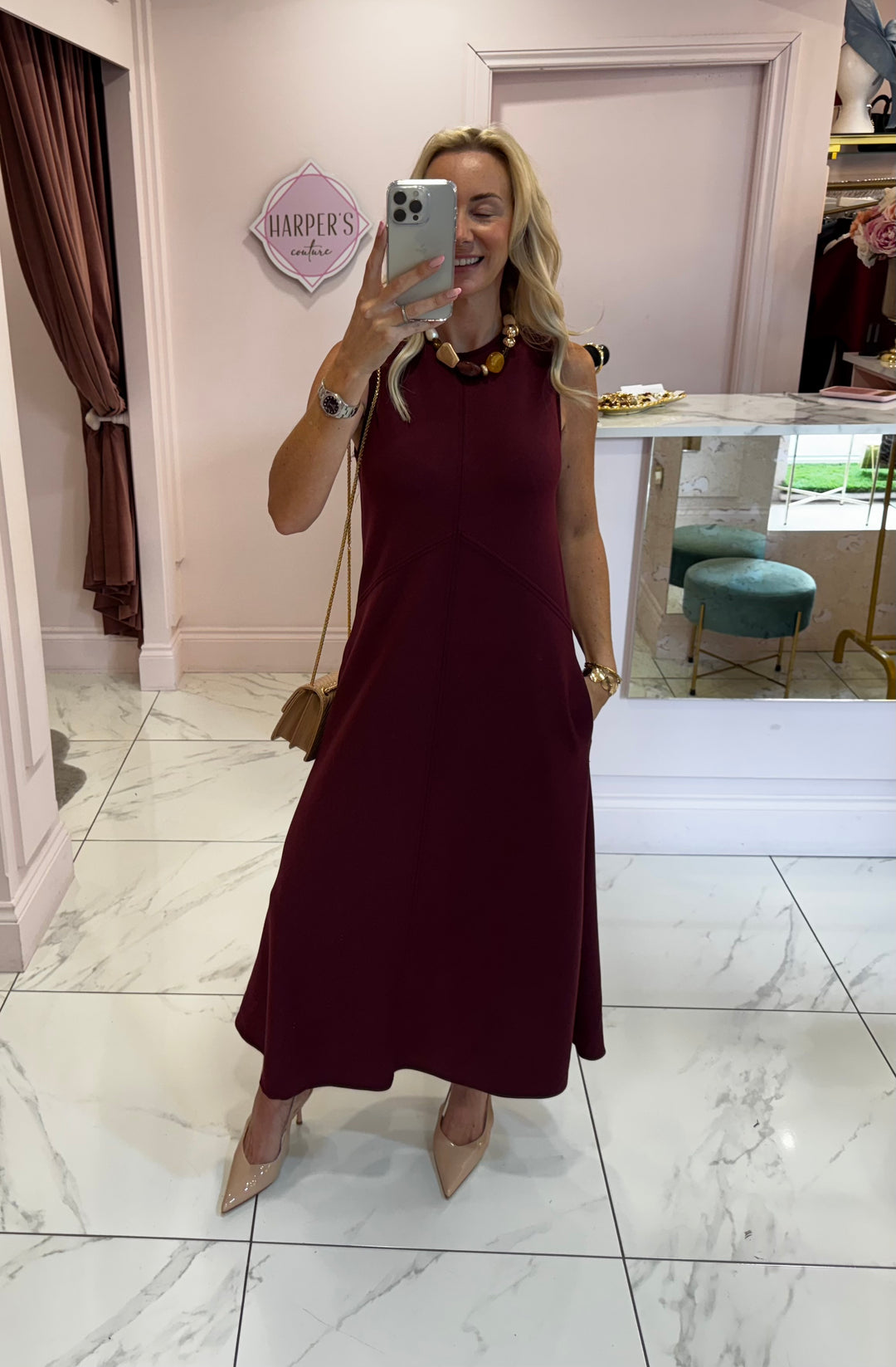 Natasha Burgundy Tailored Sleevless Midi Dress with Pockets