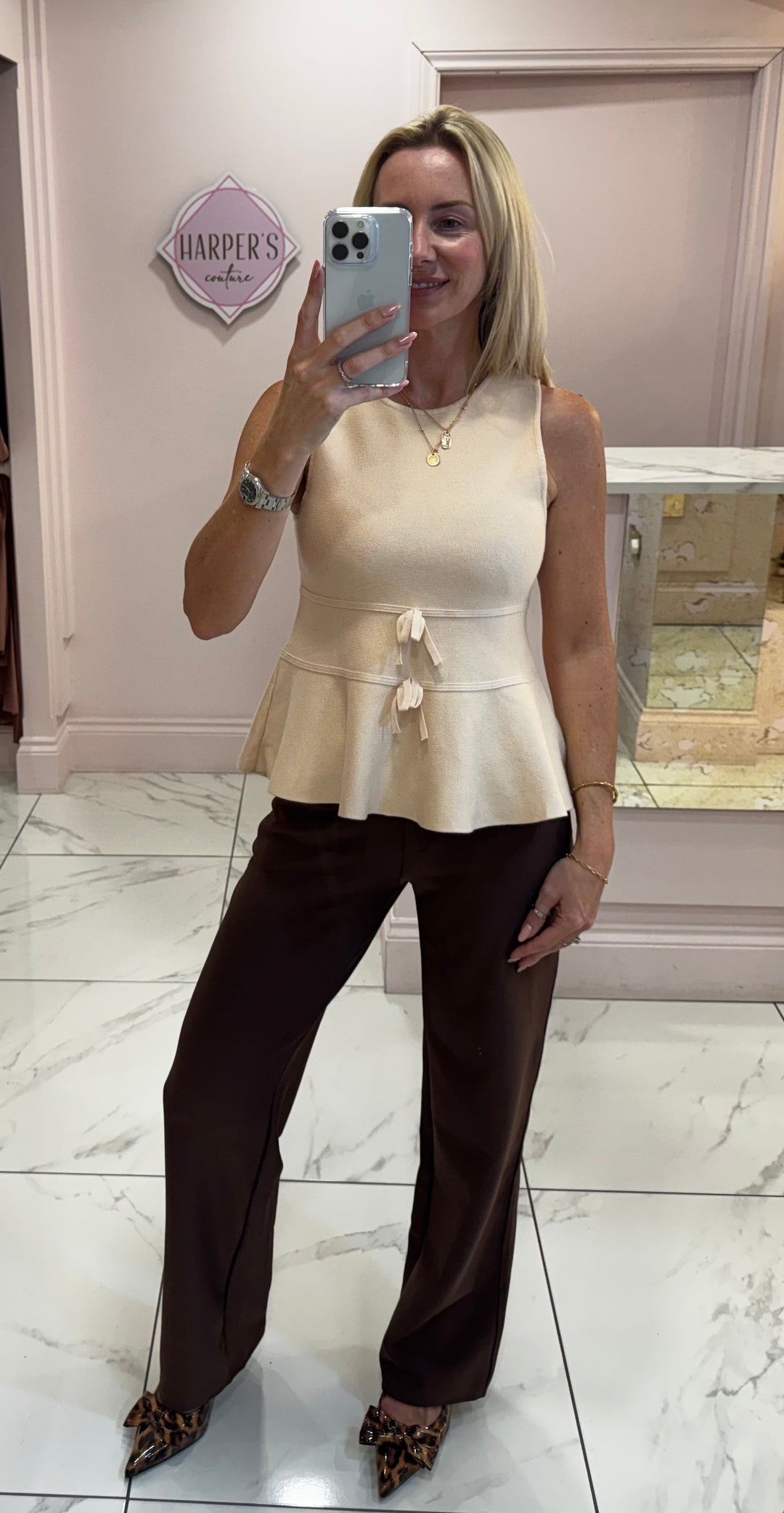 Lana Cream Peplum & Bow Detail Knit Tank Top