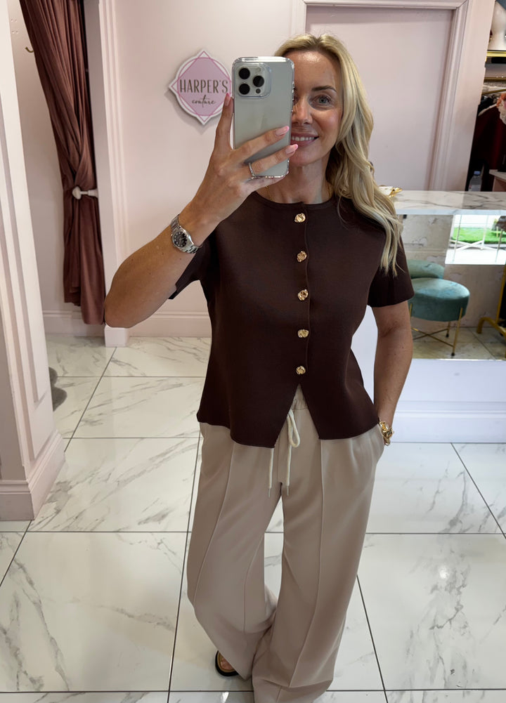 Carly Chocolate Short Sleeve Gold Button Detail Cardigan