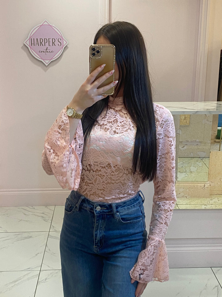Caitlyn Pink Lace Top with Bell Sleeves