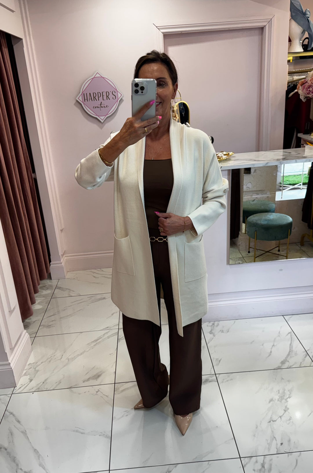 Anna Cream Button Detail Longline Cardigan