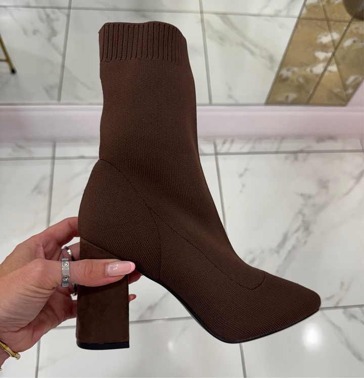 Alexa Chocolate Brown Block Heel Suede Effect Sock Ankle Boots