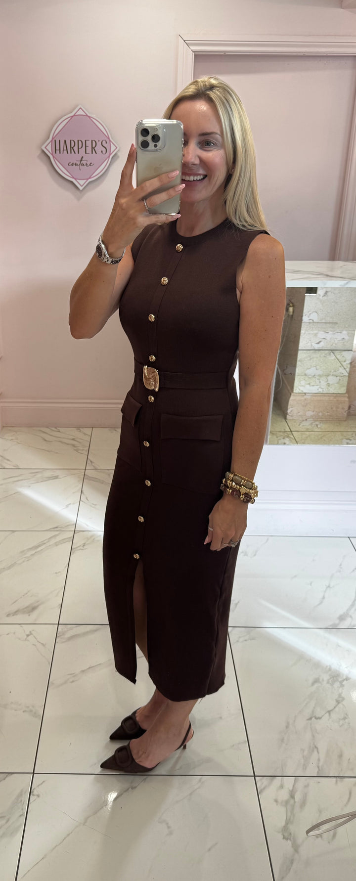 Joanna Chocolate Brown Knit Belted Dress