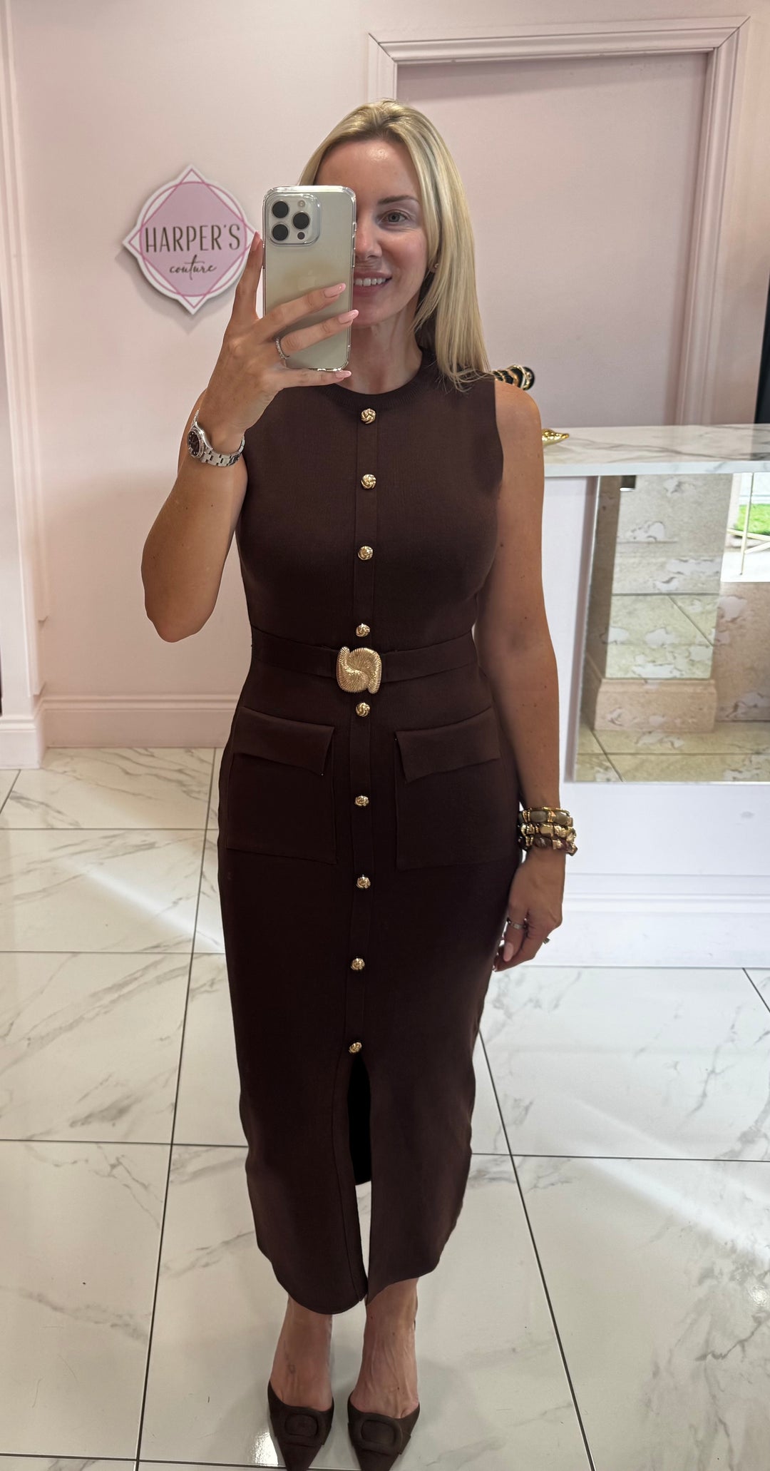Joanna Chocolate Brown Knit Belted Dress