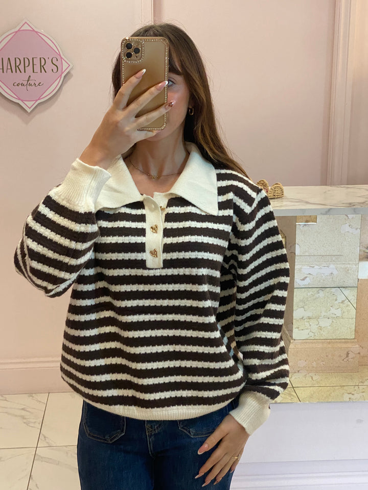 Renae Stripe Knit Heart button Detail Jumper