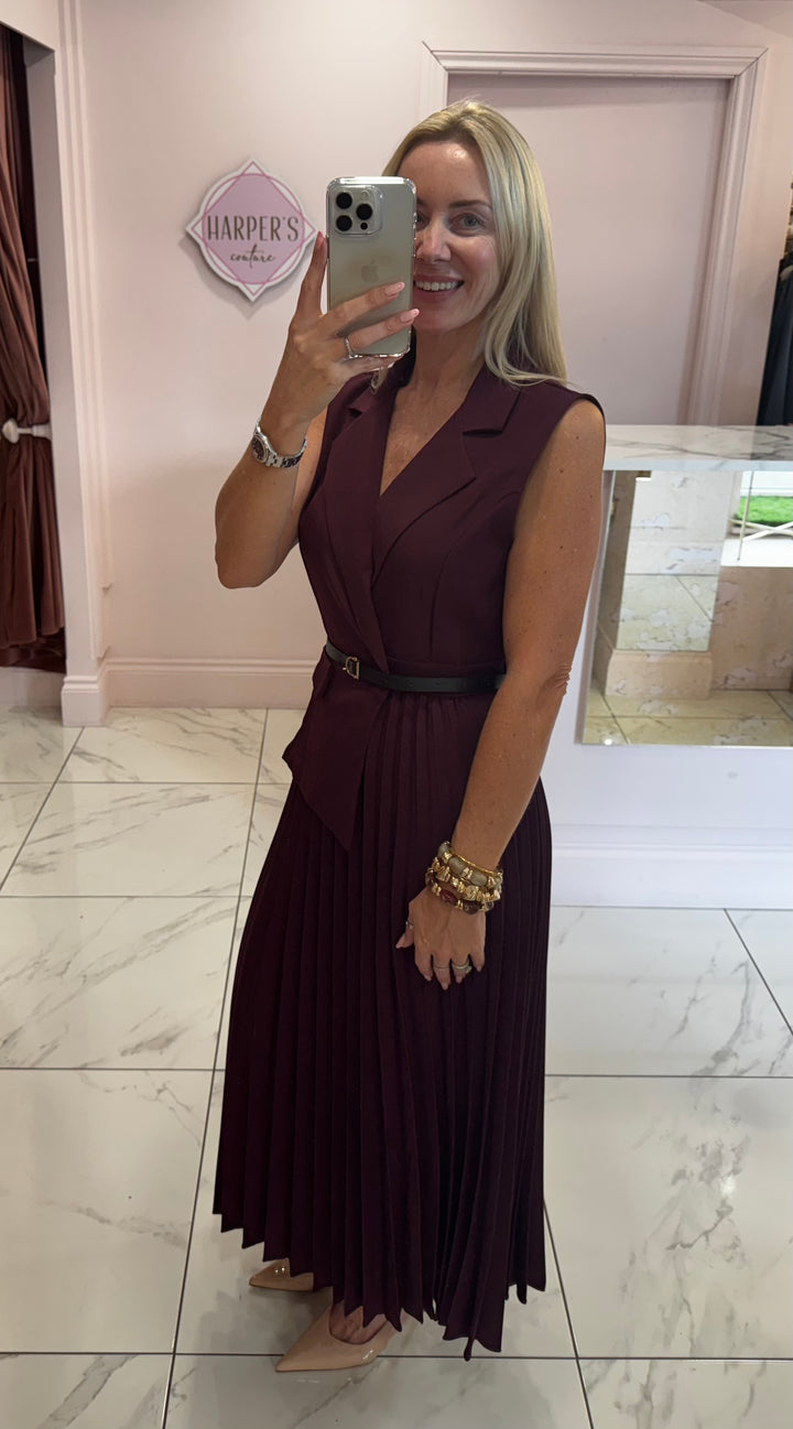 Nova Burgundy Pleated Waistcoat Dress