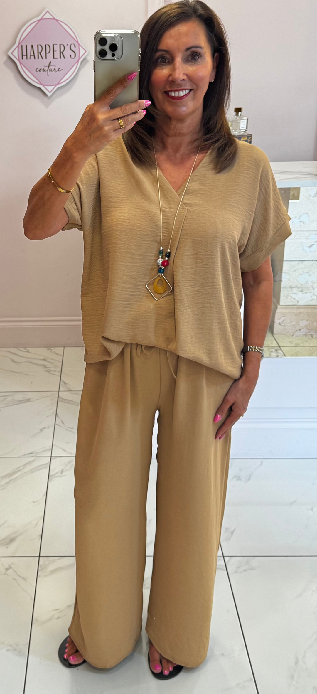 Ember Camel V Neck Top & Trouser Co Ord Set