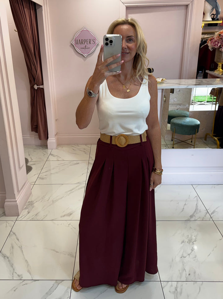 Adrianna Burgundy Wide Leg Belted Trousers