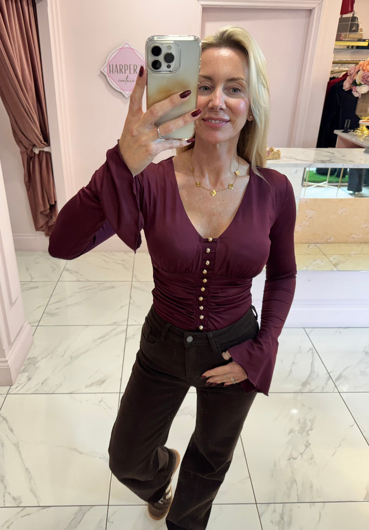 Kara Gold Bead & Fluted Sleeve Detail  Bodysuit