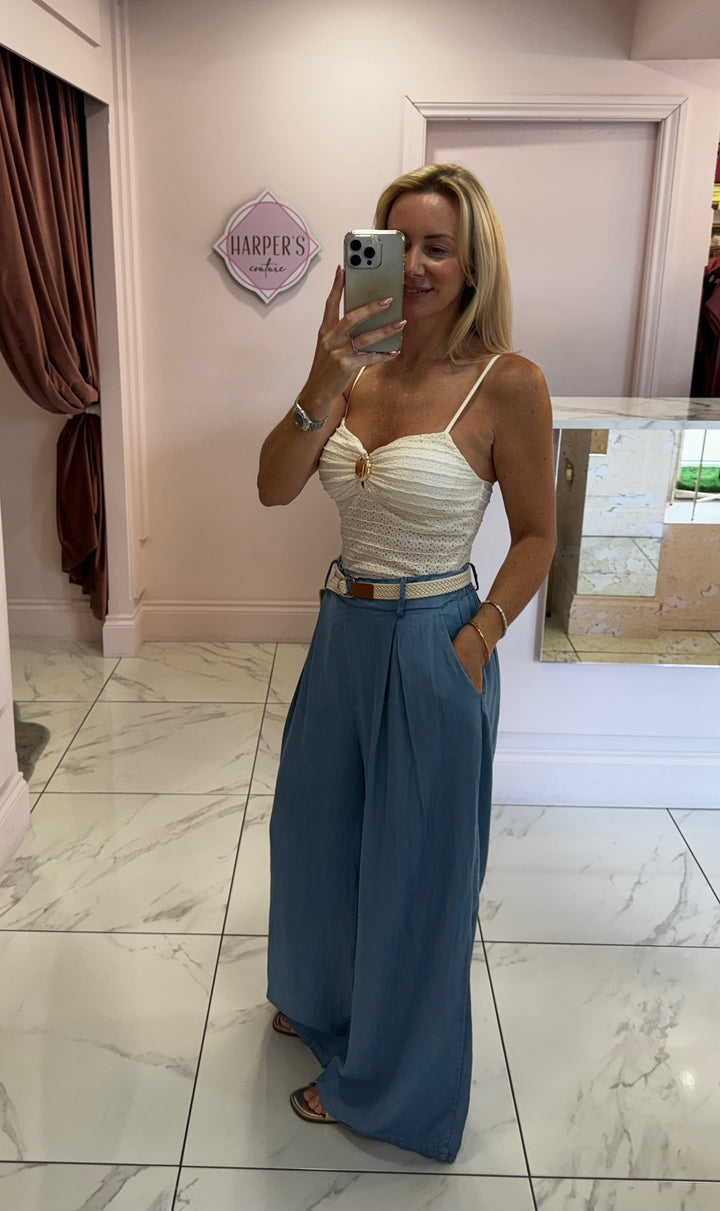 Doris Soft Lightweight Denim Belted Long length Trousers