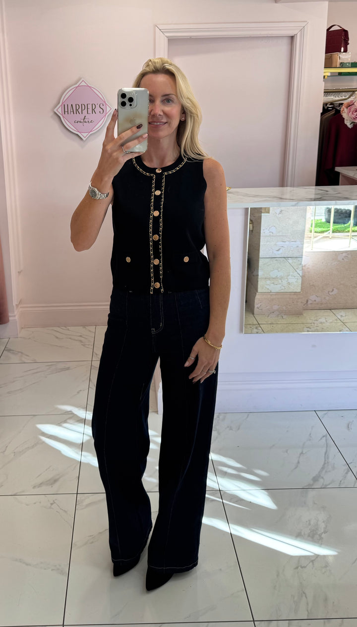 Chantelle Black Gold Trim & Button Detail Top