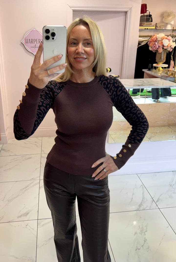 Gina Leopard & Button Detail Knit Sweater/Jumper