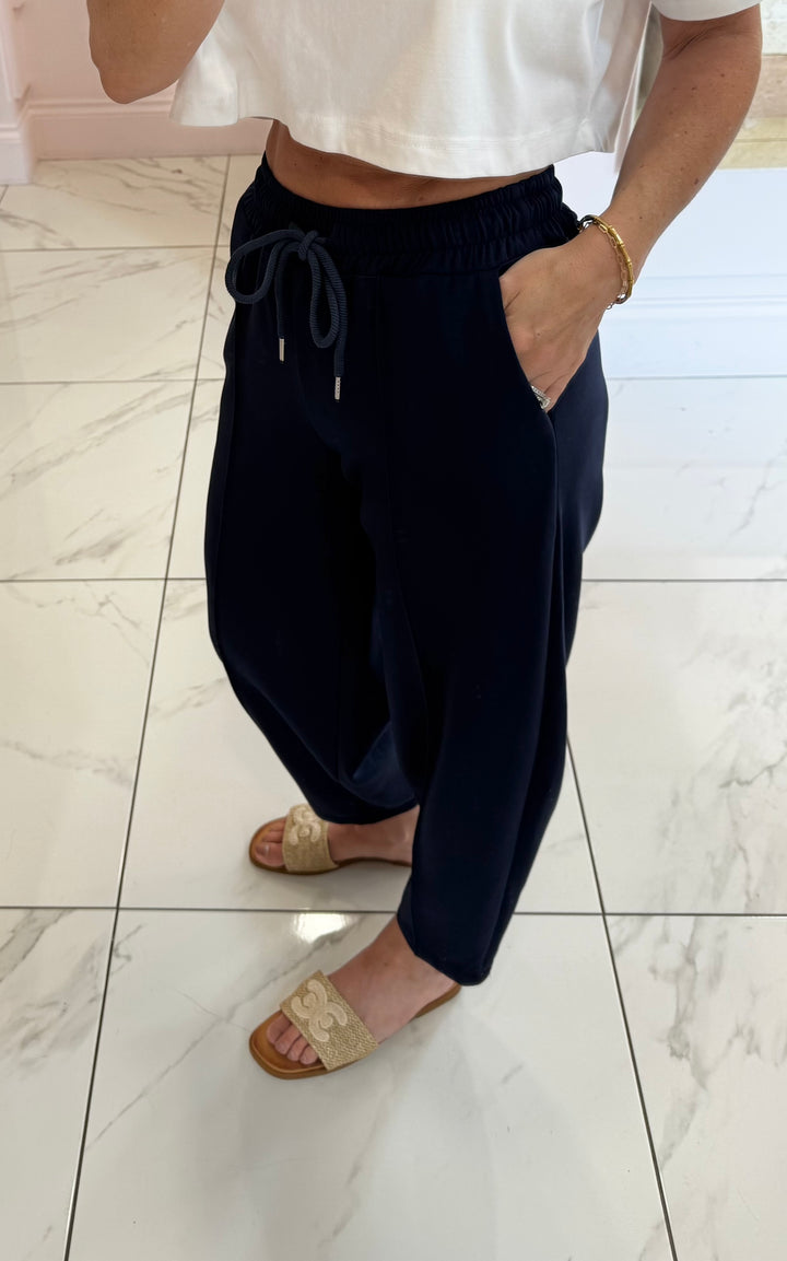 Evie Navy Super Soft Seam Front Tapered Trousers