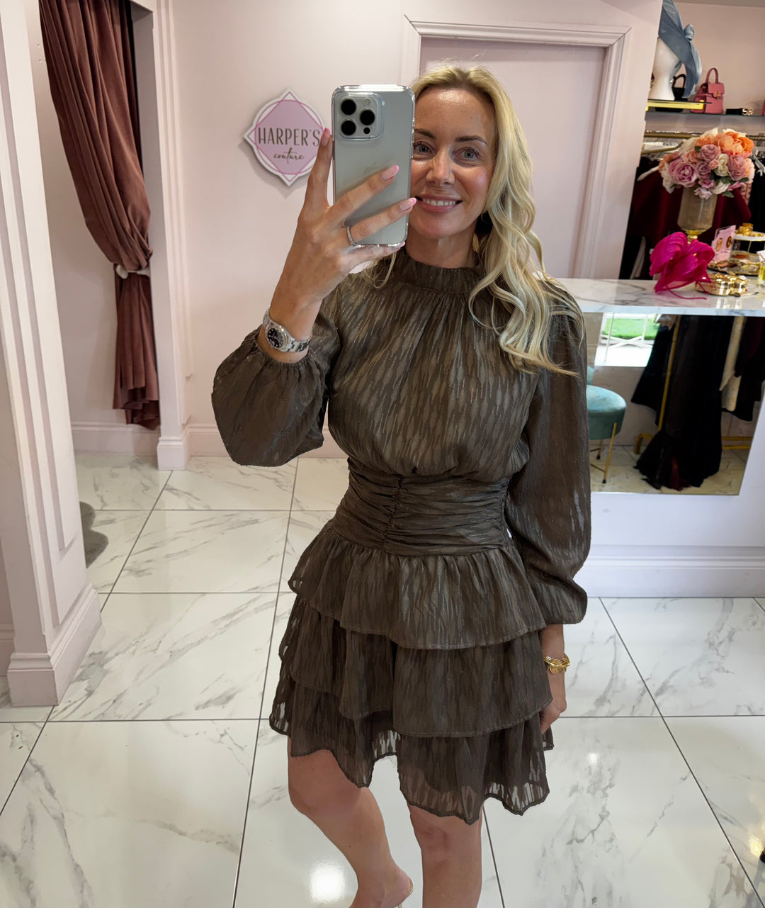 Tara Chocolate Brown with tiny gold thread Patterned Rara Dress
