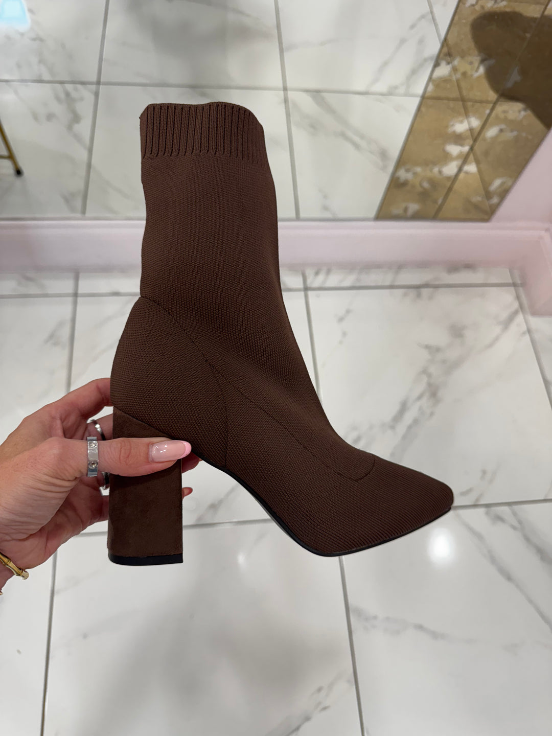 Alexa Chocolate Brown Block Heel Suede Effect Sock Ankle Boots