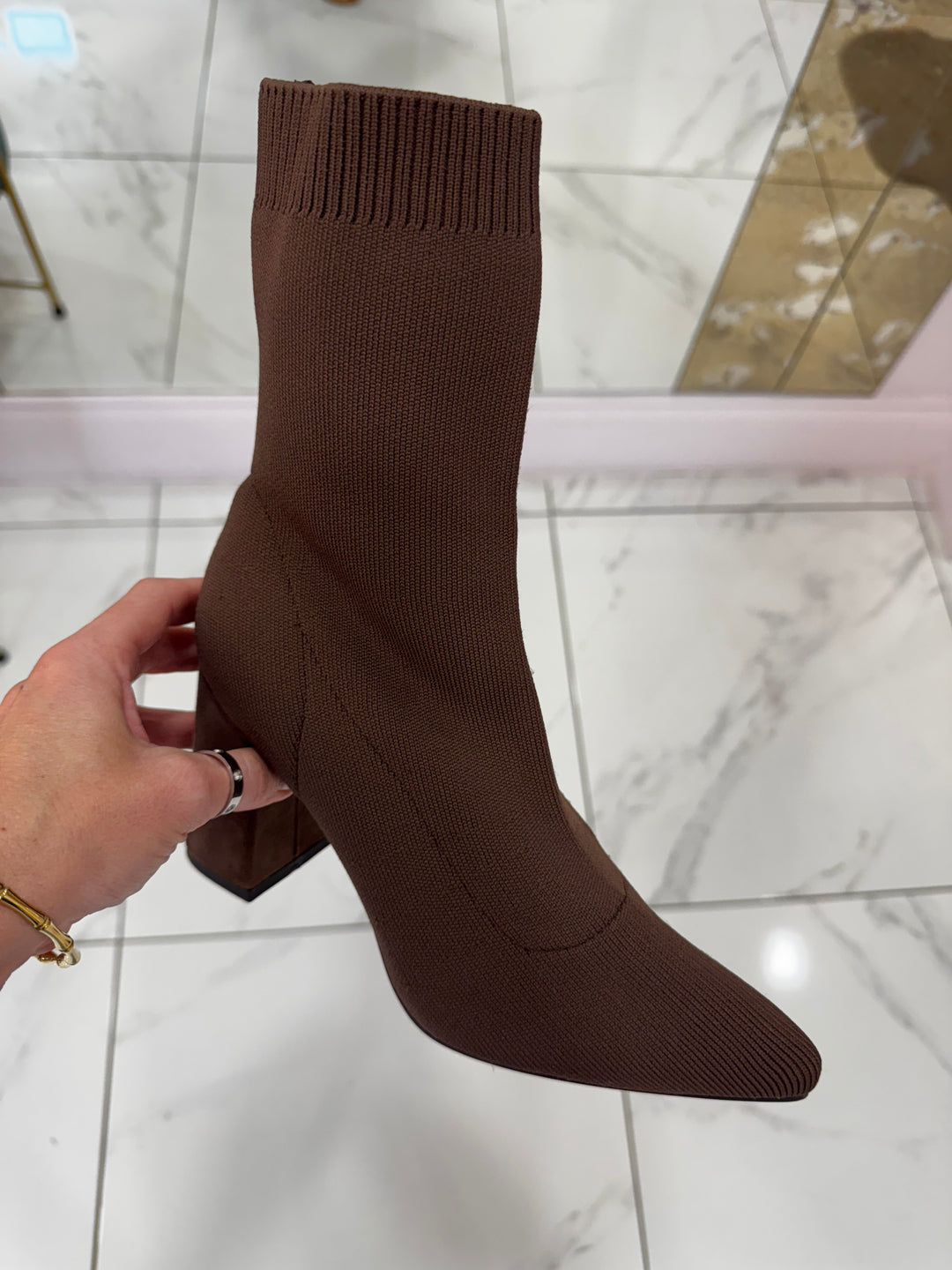 Alexa Chocolate Brown Block Heel Suede Effect Sock Ankle Boots