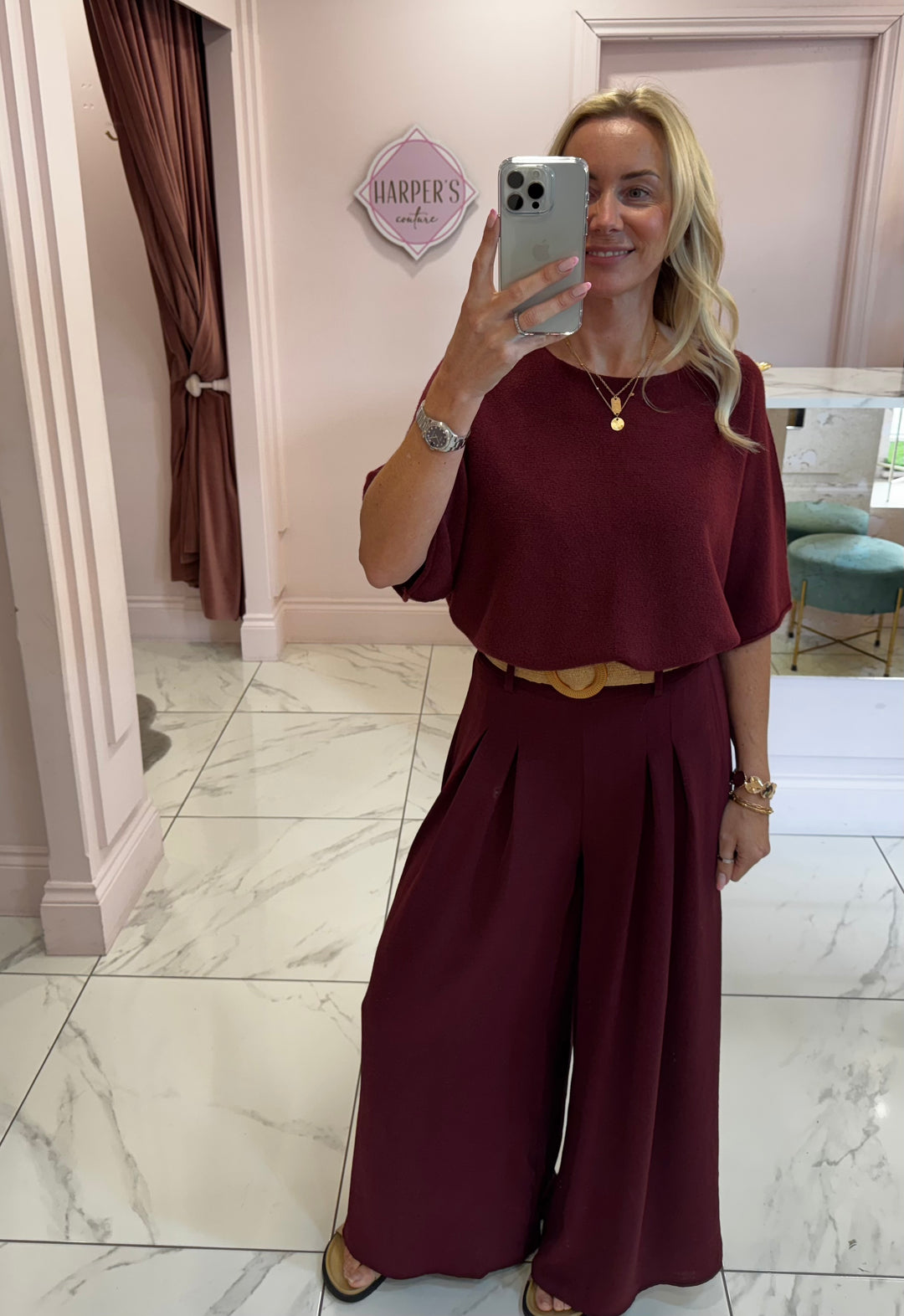 Adrianna Burgundy Wide Leg Belted Trousers