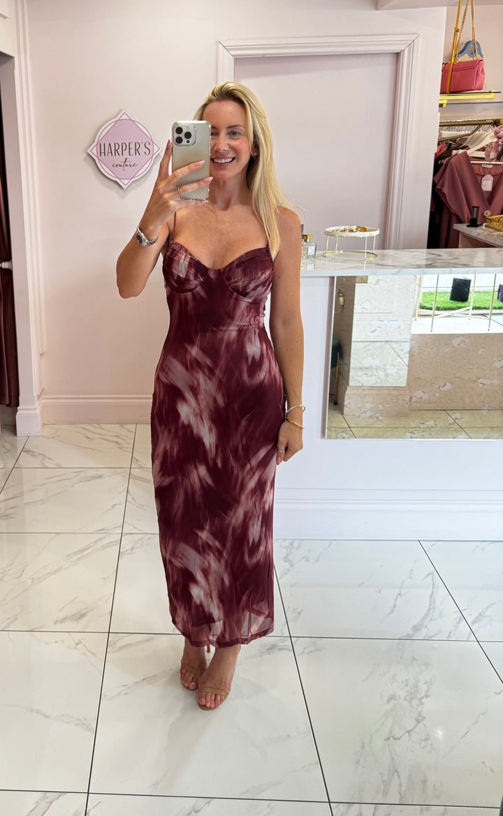 Libby Burgundy Print Mesh Dress
