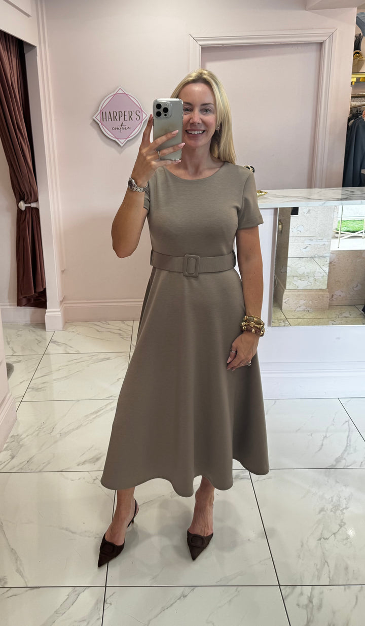 Jolene Taupe Tailored Short Sleeve Midi Dress with Belt