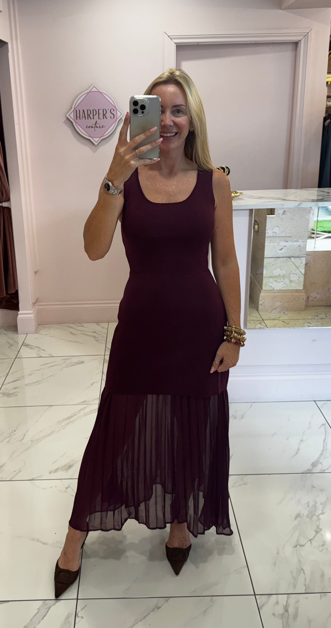 Riley Burgundy Pleated Skirt detail Dress