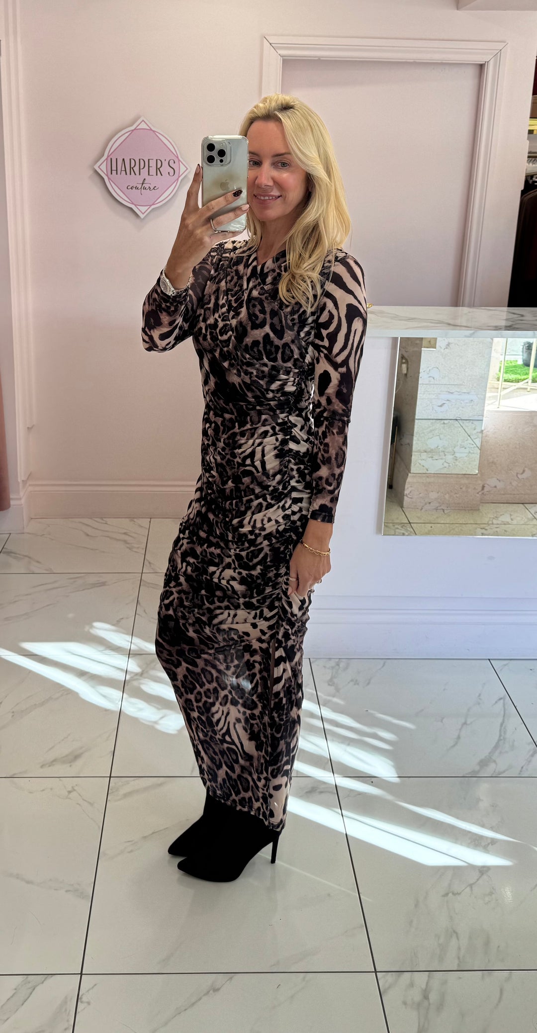 Laura Leopard Print Mesh Dress With Flattering Ruching