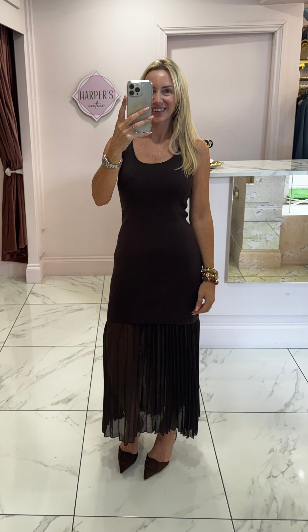 Riley Chocolate Brown Pleated Skirt detail Dress