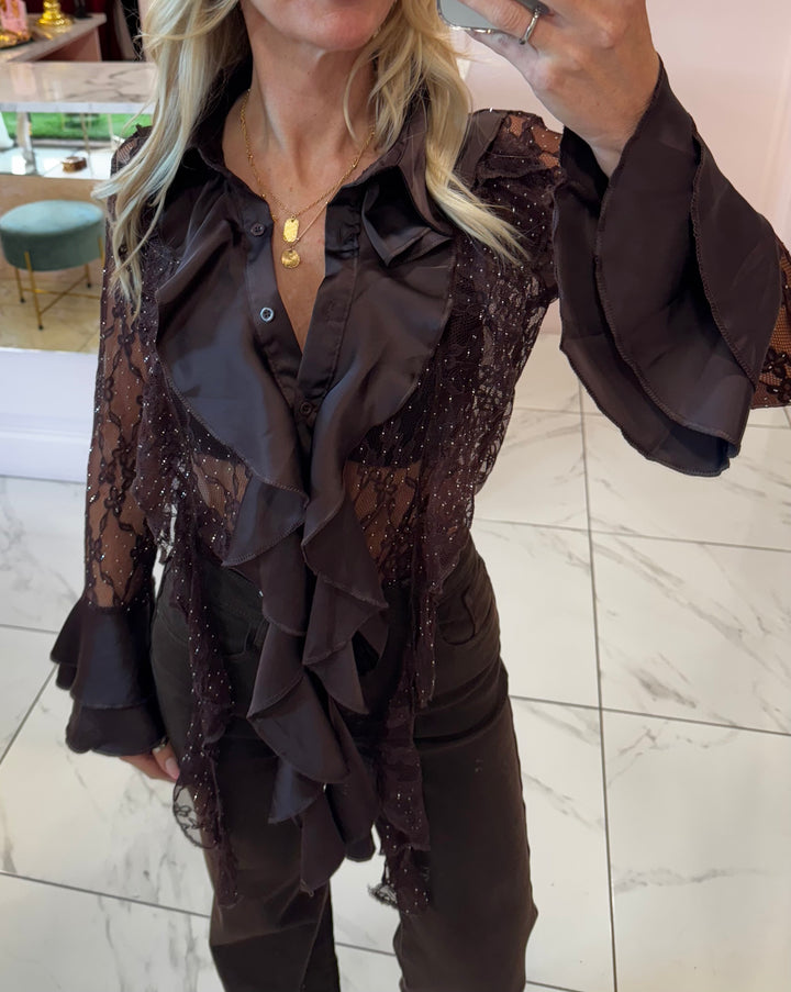 Hollie Lace & Ruffle Chocolate Brown Shirt with Bell Sleeves