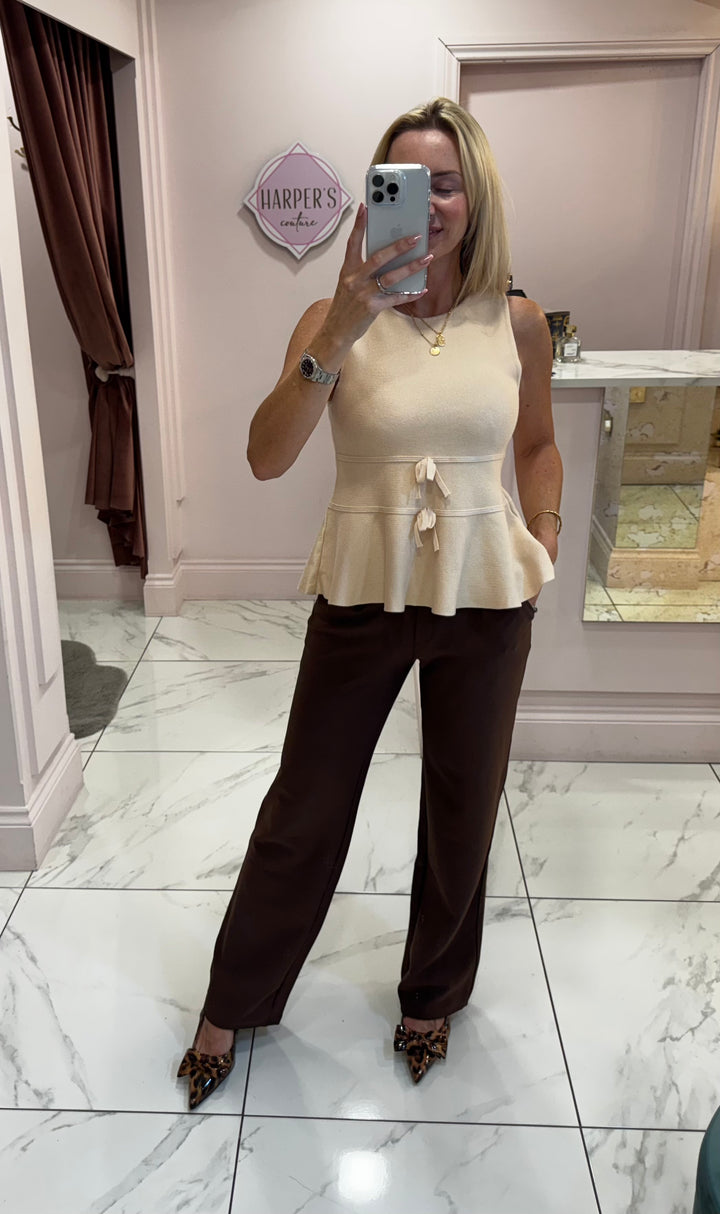 Lana Cream Peplum & Bow Detail Knit Tank Top