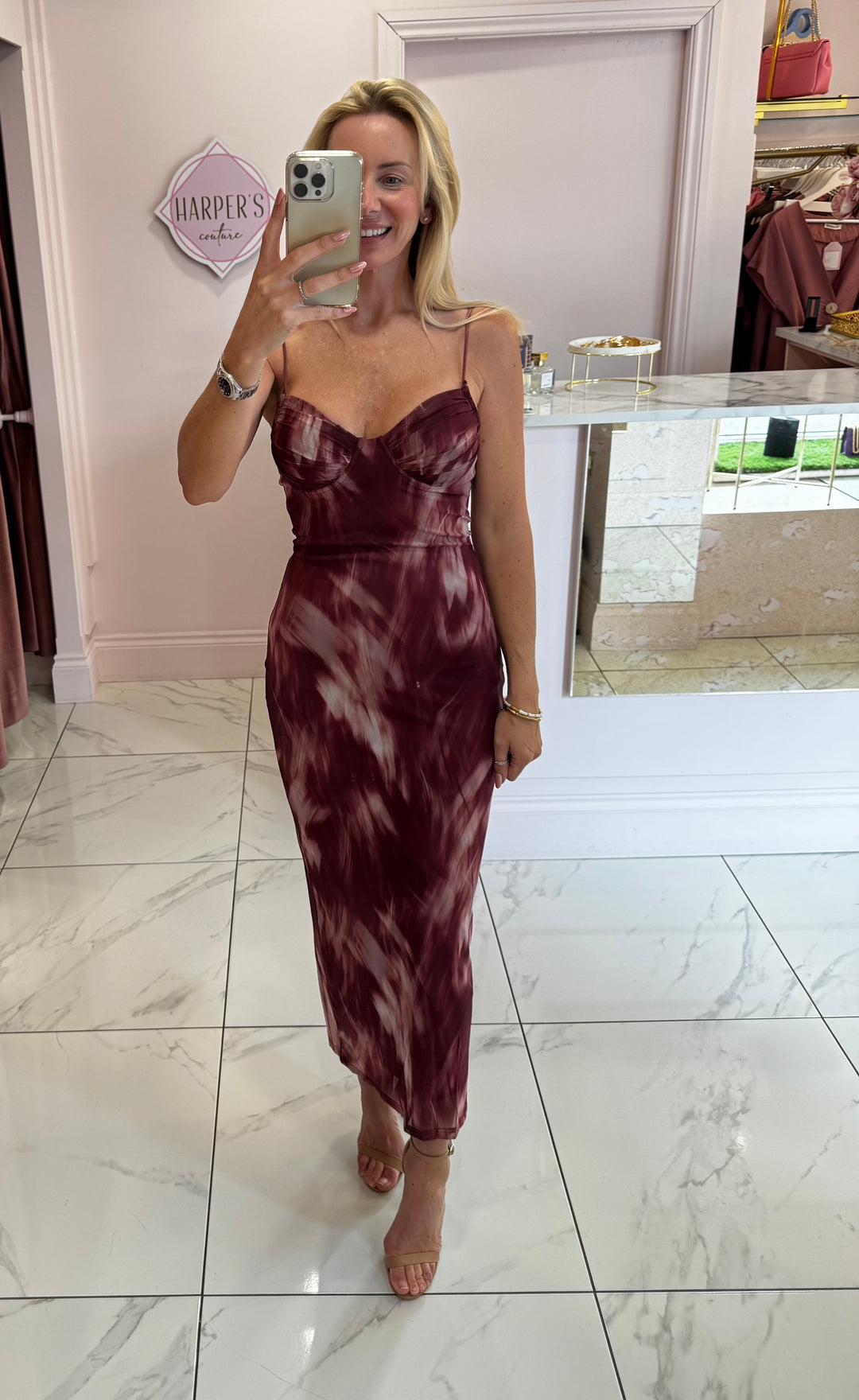 Libby Burgundy Print Mesh Dress