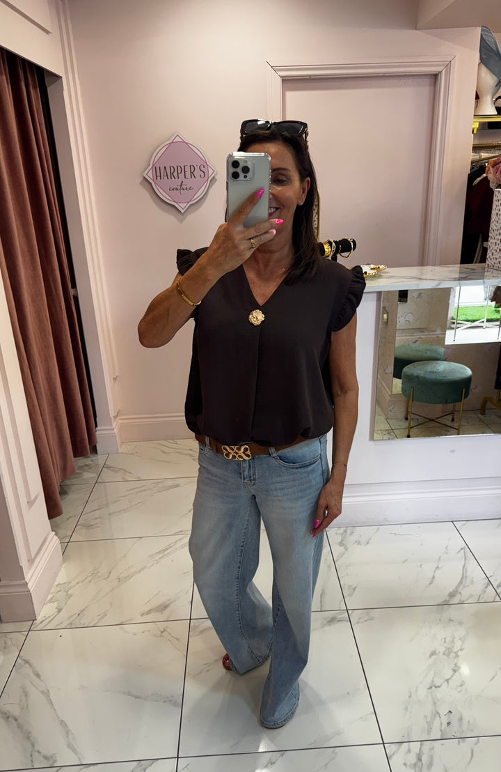 Brooke Gold Button Frill Shoulder Top