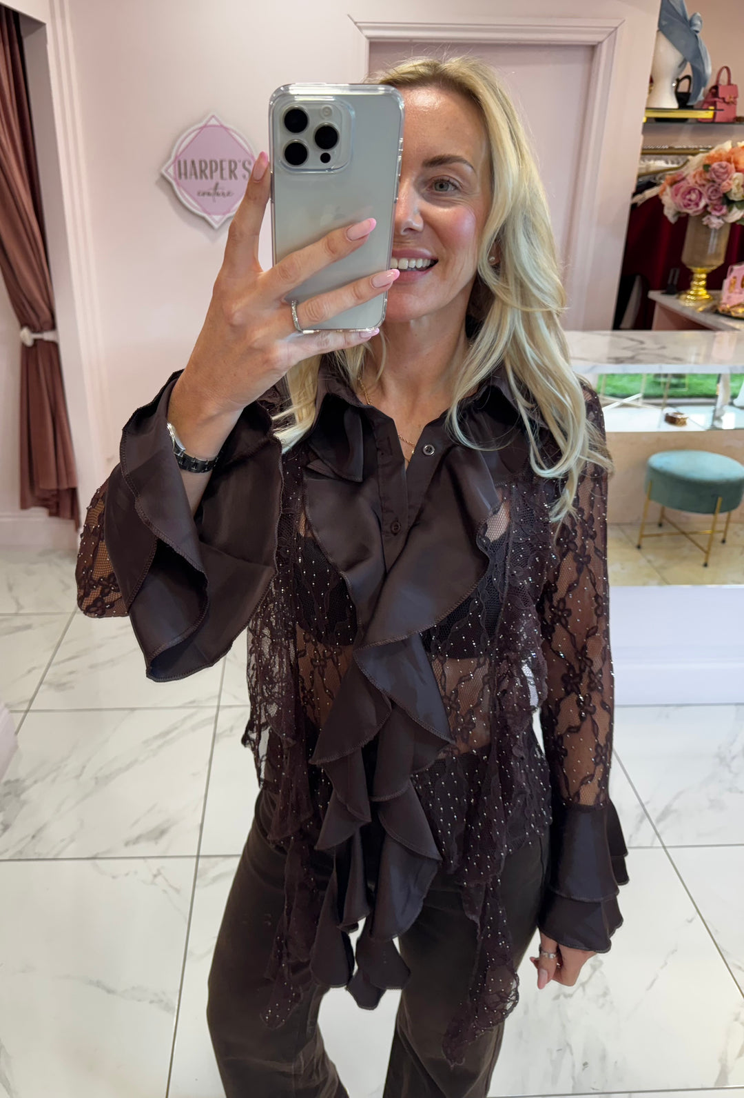 Hollie Lace & Ruffle Chocolate Brown Shirt with Bell Sleeves