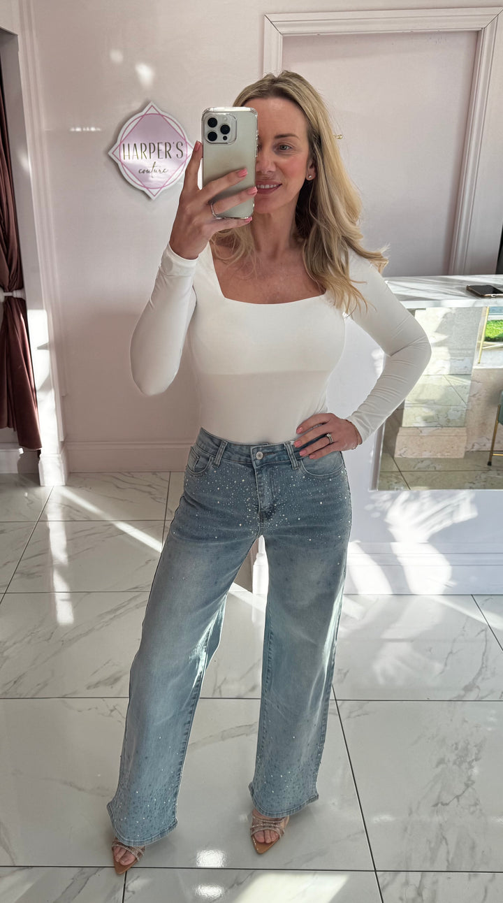 Andrea Wide Fit Blue & Silver Ombre Sparkle Stretch Jeans