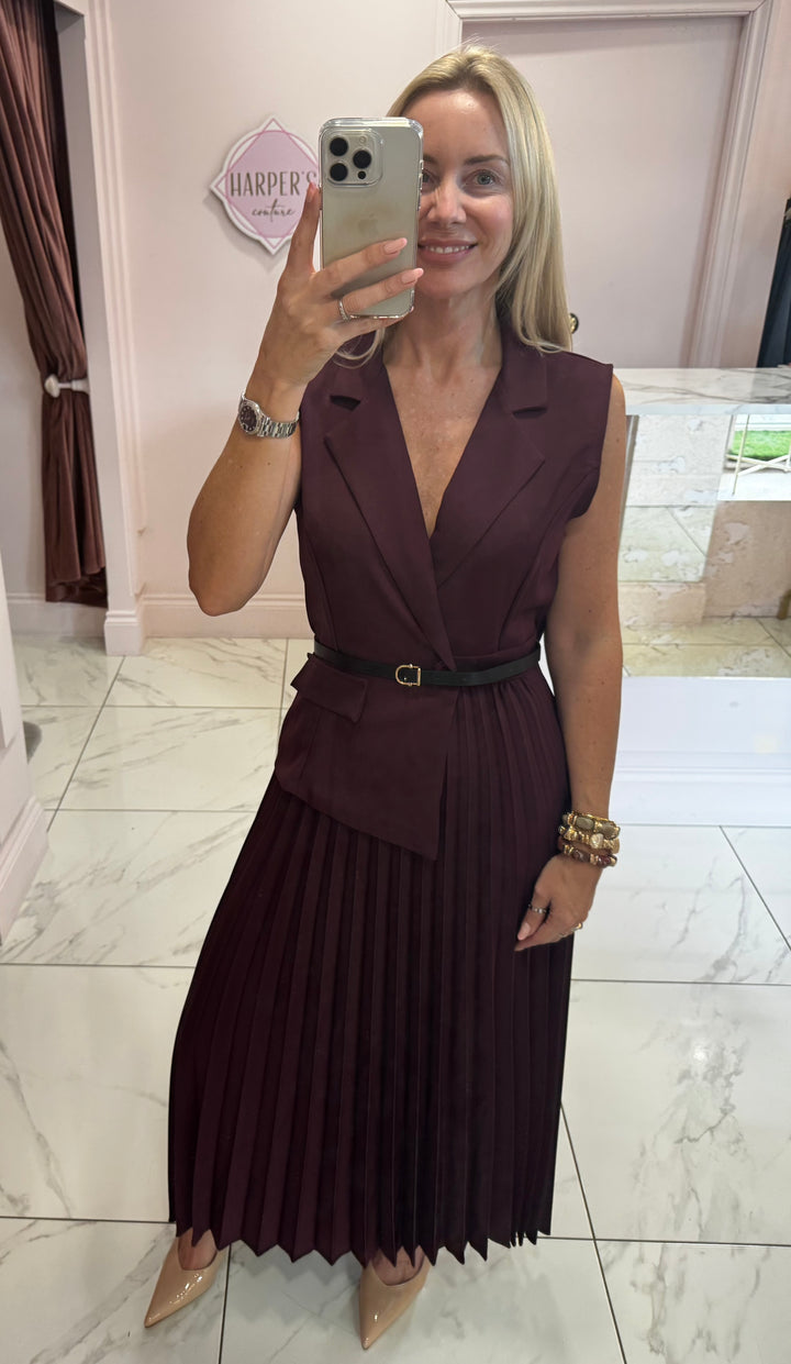 Nova Burgundy Pleated Waistcoat Dress