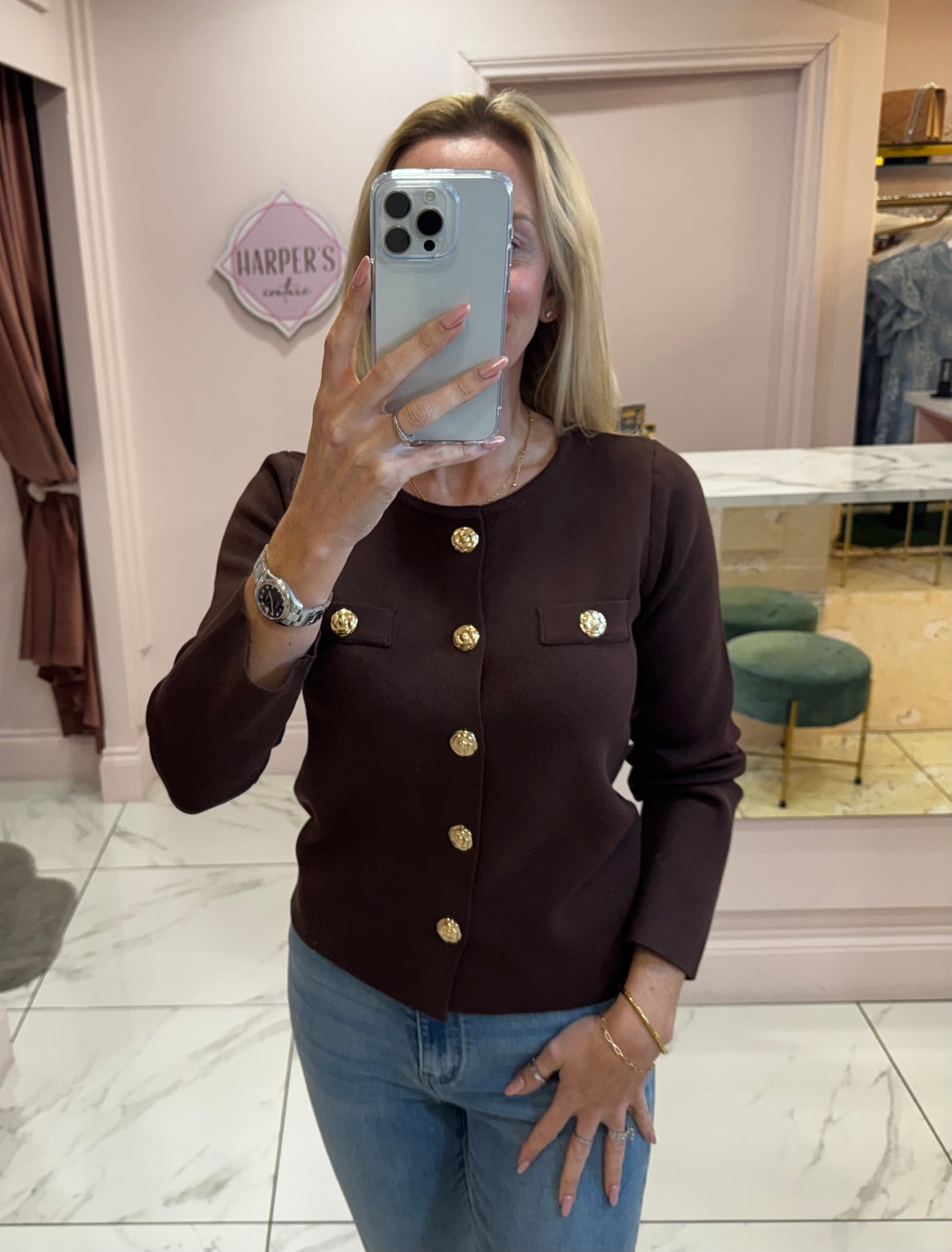 Elise Chocolate Gold Button Cardigan