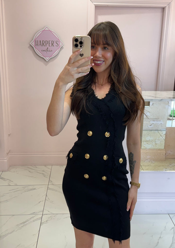 Simone Black Knit Dress With Gold Buttons
