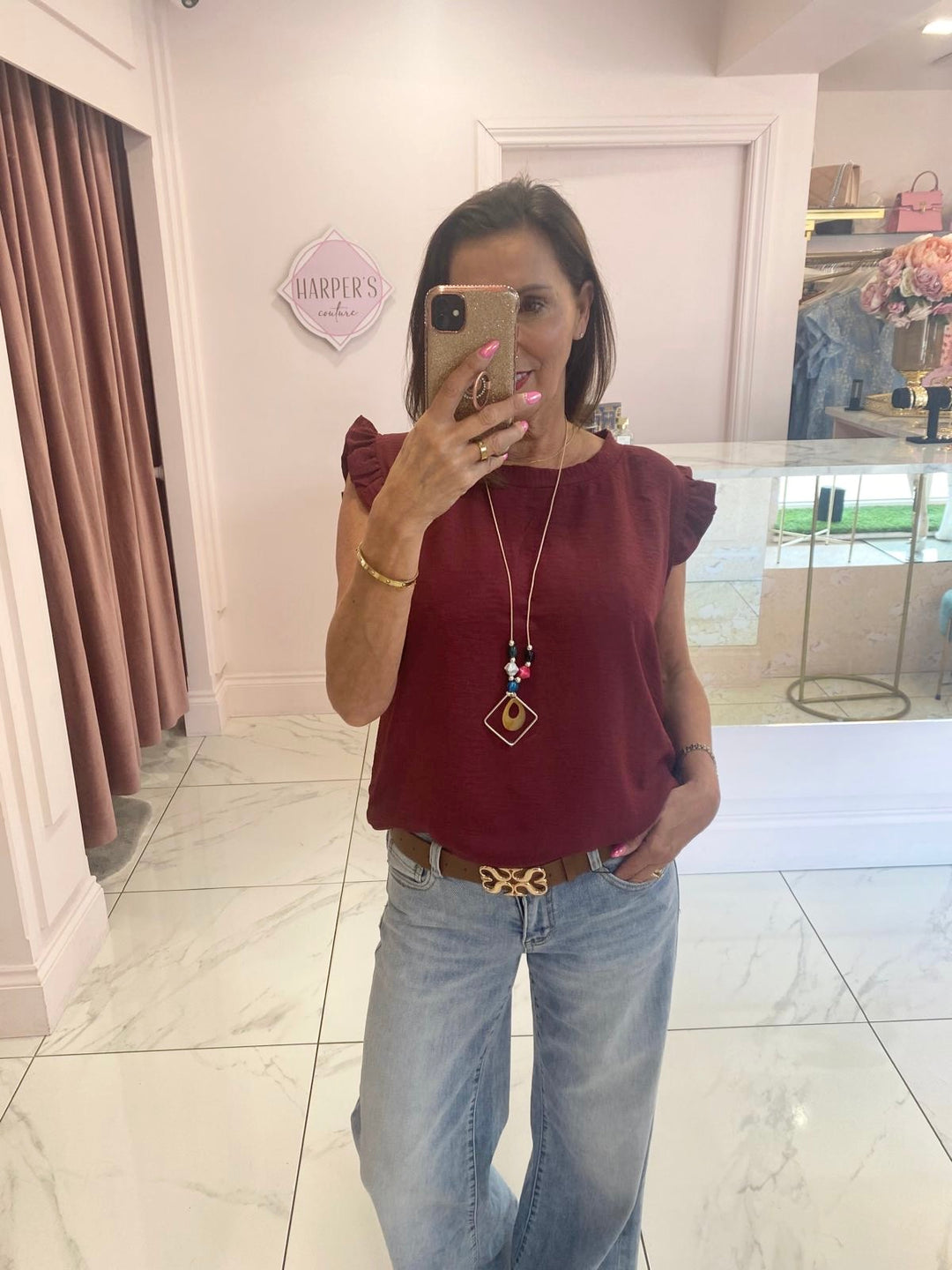 Kaya Frill Shoulder Top With Necklace