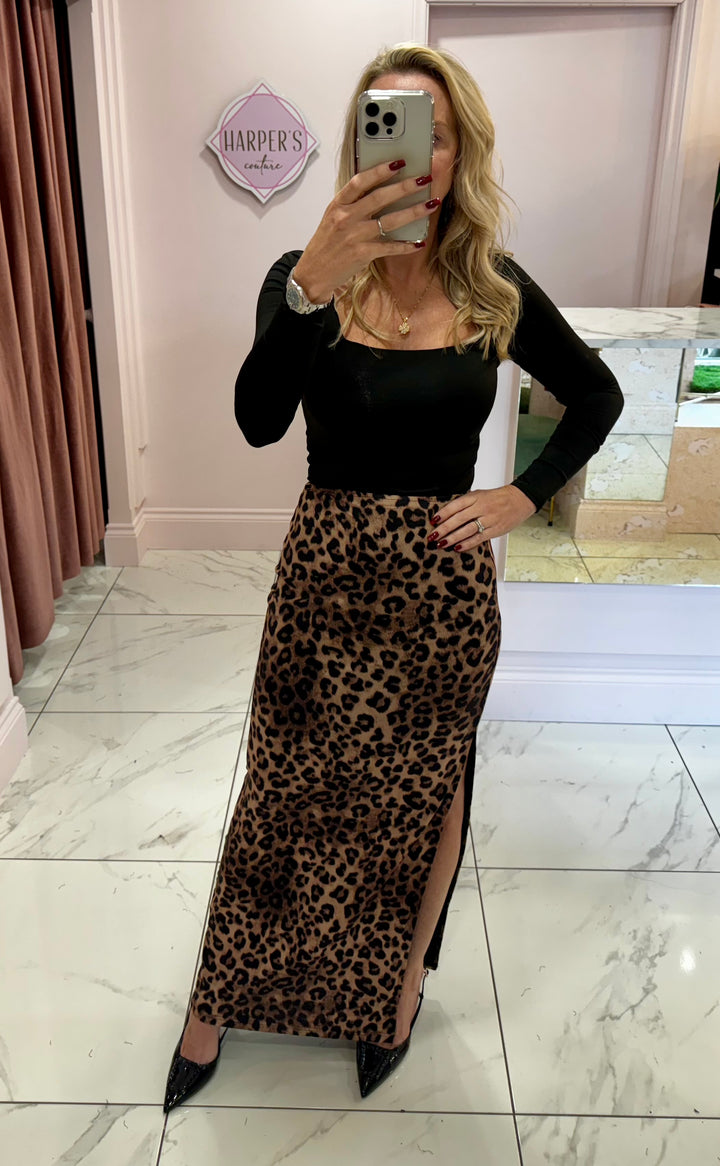 Maggie Leopard Mesh Maxi Skirt with Split