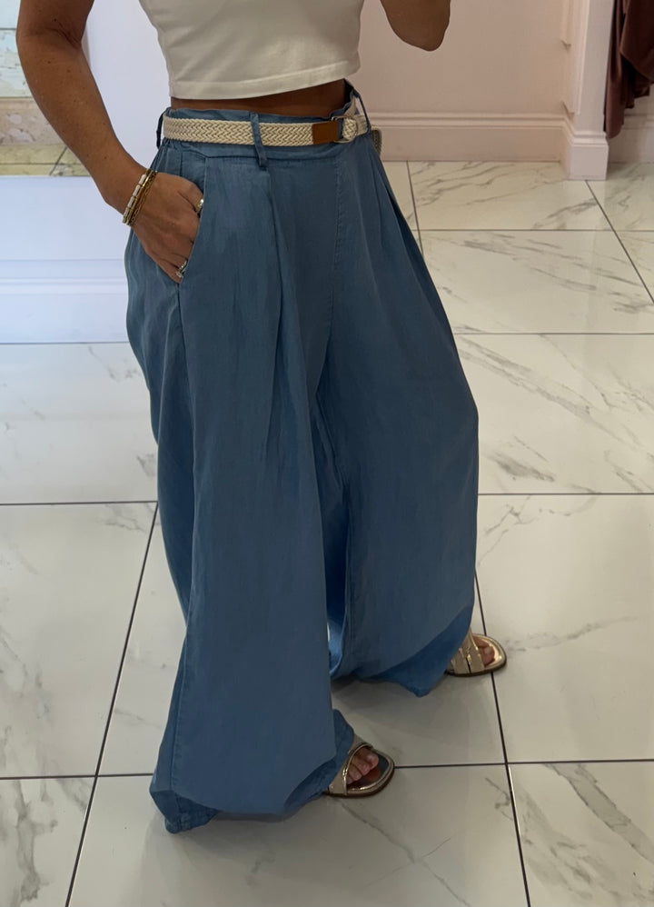 Doris Soft Lightweight Denim Belted Long length Trousers