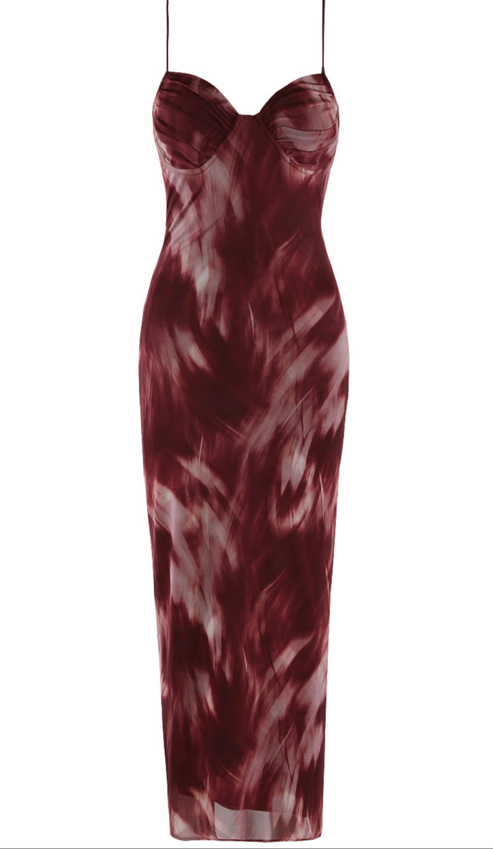Libby Burgundy Print Mesh Dress