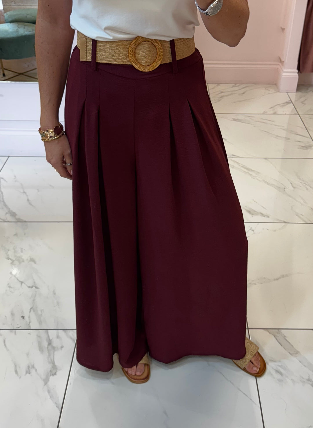 Adrianna Burgundy Wide Leg Belted Trousers