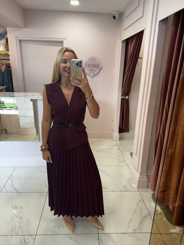 Nova Burgundy Pleated Waistcoat Dress