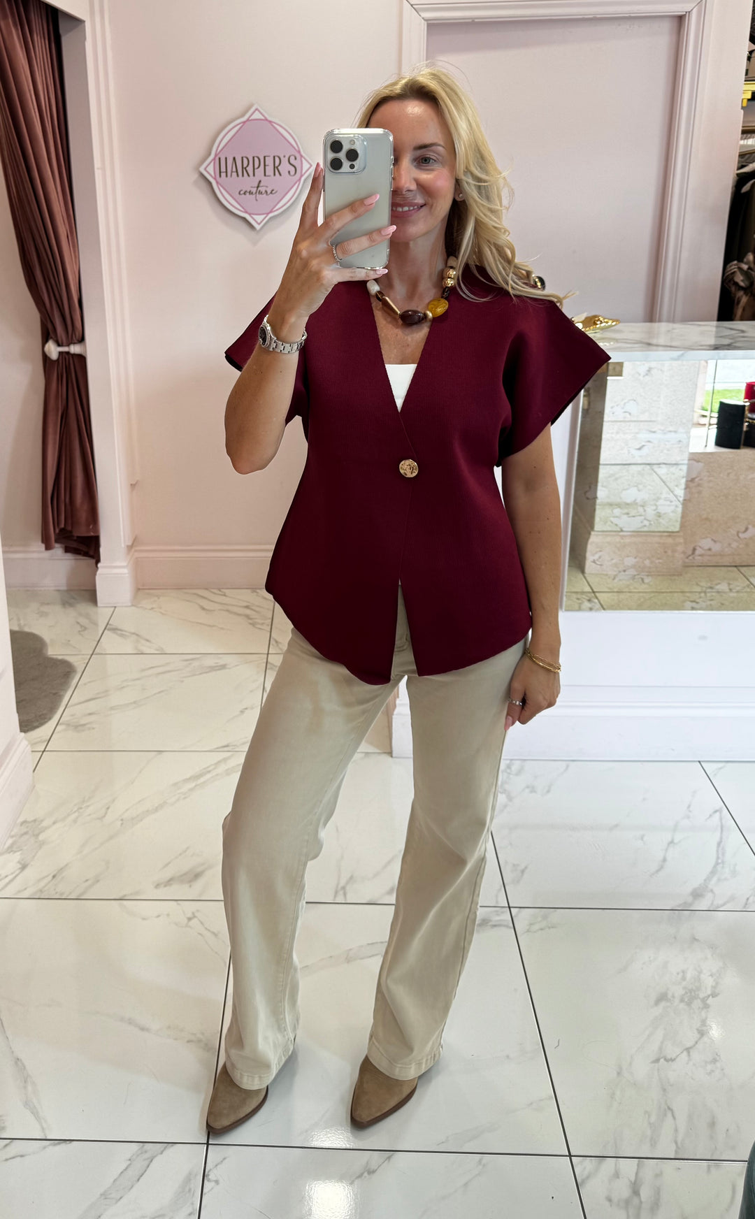 Carrie Burgundy Gold Button Detail Knit Top