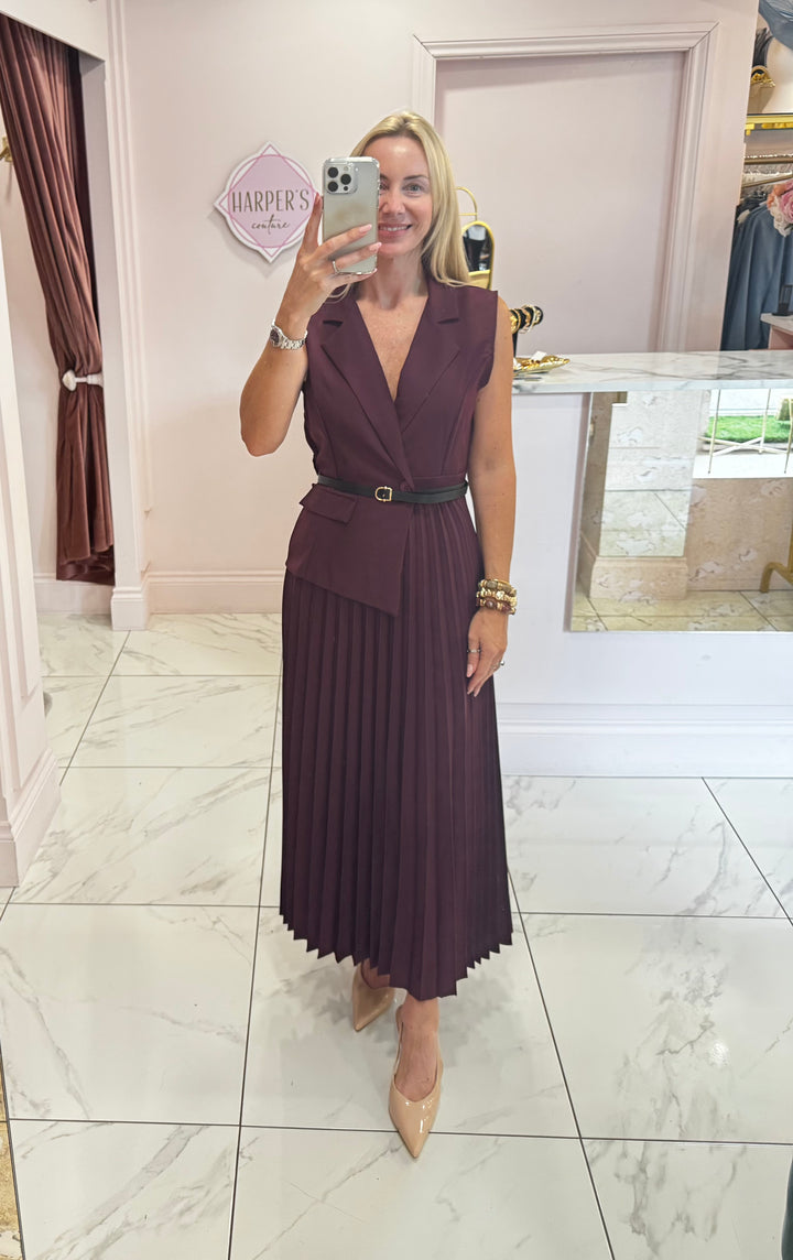 Nova Burgundy Pleated Waistcoat Dress