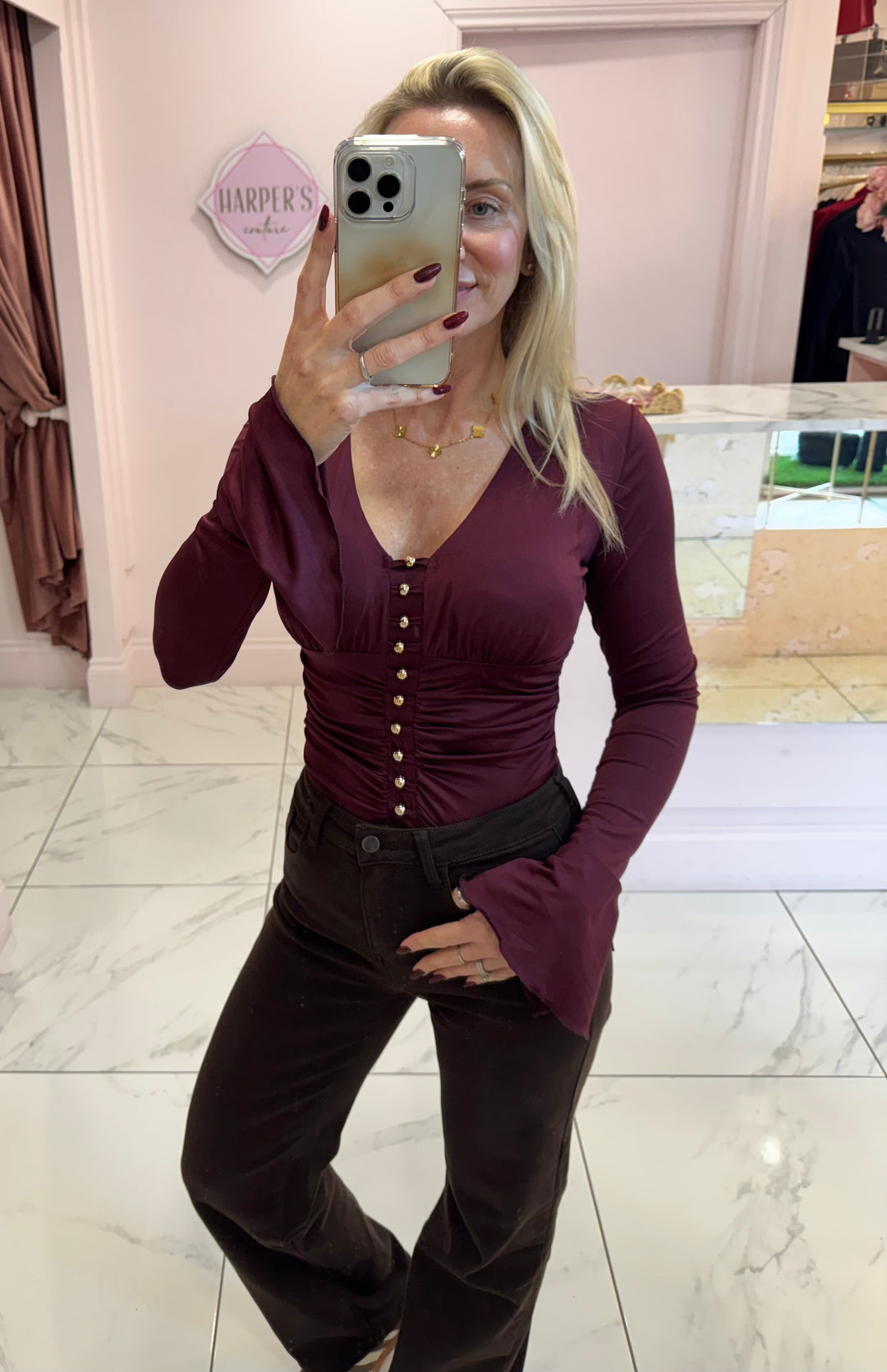 Kara Gold Bead & Fluted Sleeve Detail  Bodysuit