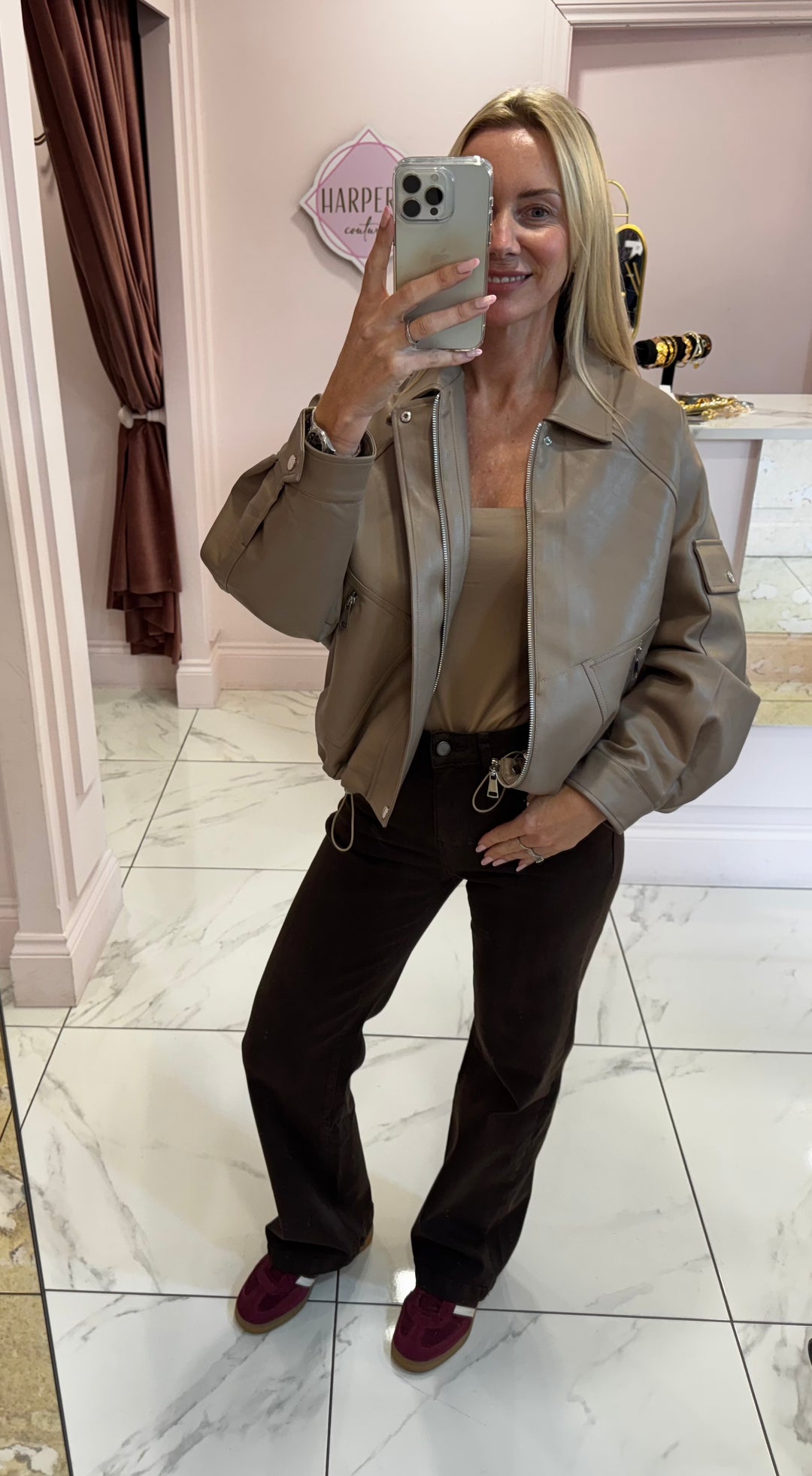 Beryl Mocha Faux Leather Lined Bomber Jacket